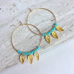 Turquoise & Gold filigree dangle hoop Earrings